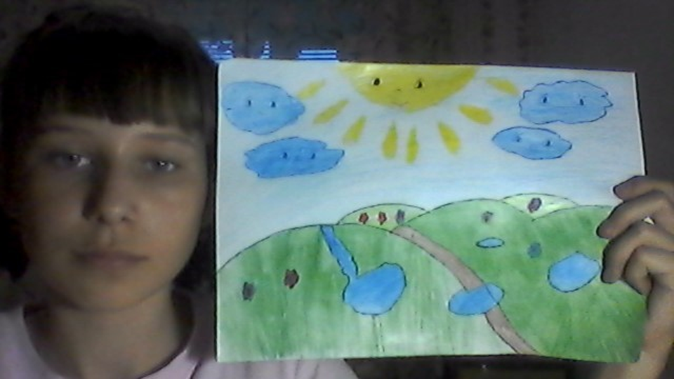 Детский рисунок - Солнышко лучистое любит скакать с облачко на облачко перелетать