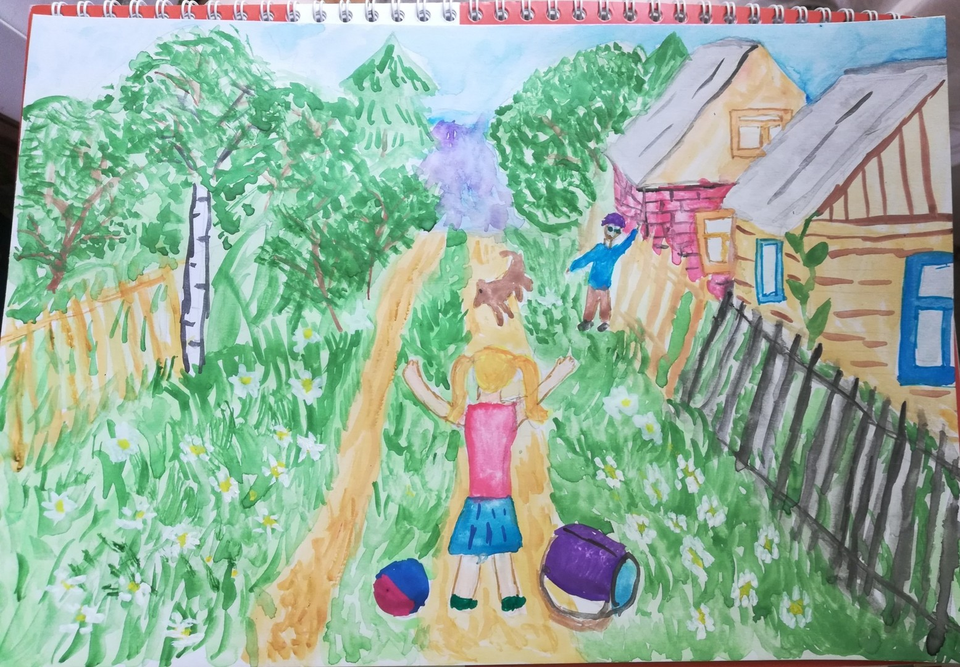 Детский рисунок - Мой отдых в деревне