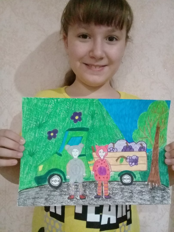 Детский рисунок - Кукутики собирают виноград