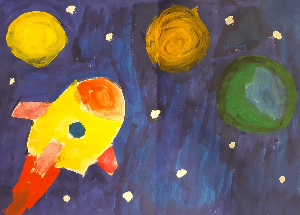 Детский рисунок - Ракета для полёта на Луну для мелков