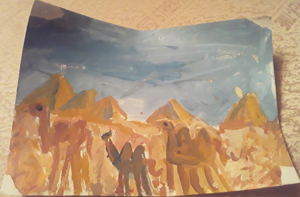 Детский рисунок - Караван верблюдов в пустыне