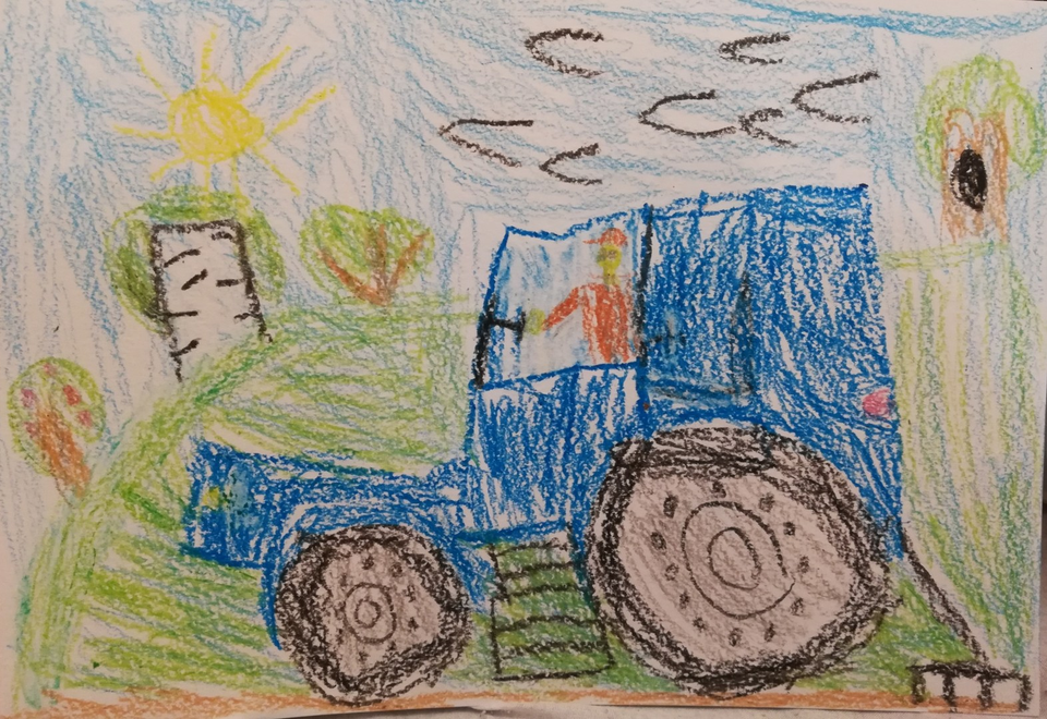 Детский рисунок - Трактор на работе
