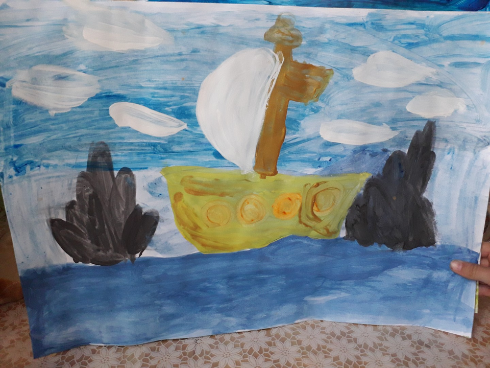 Детский рисунок - Корабль в море со скалами
