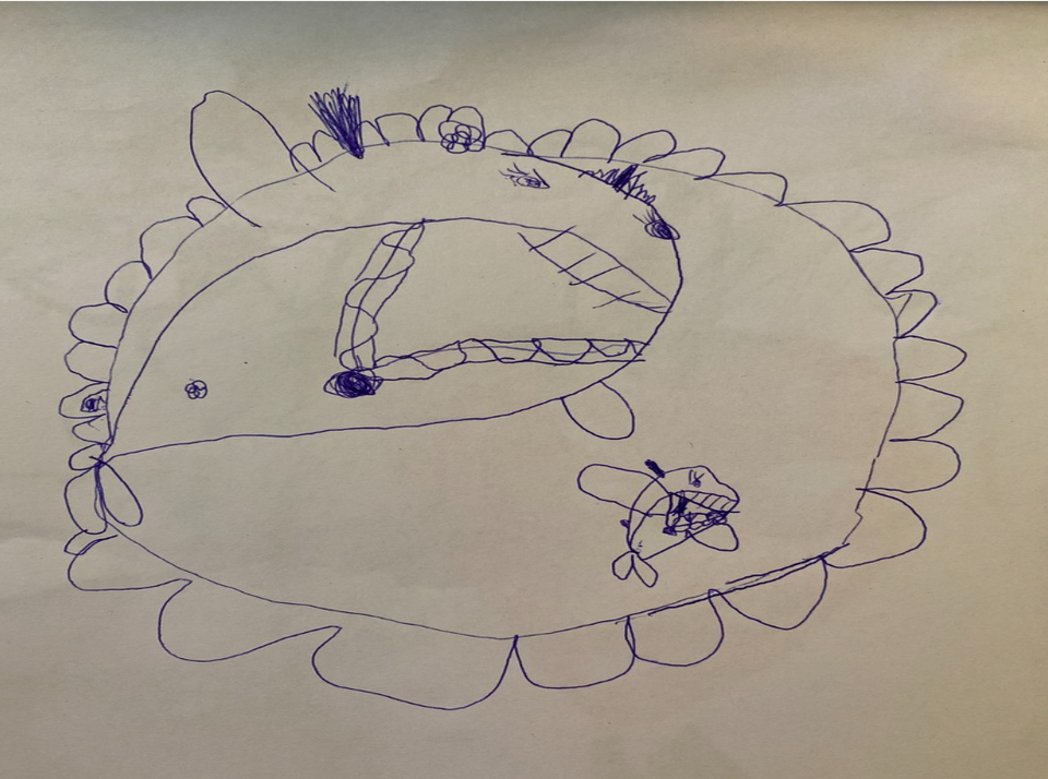 Детский рисунок - Кит и китёнок