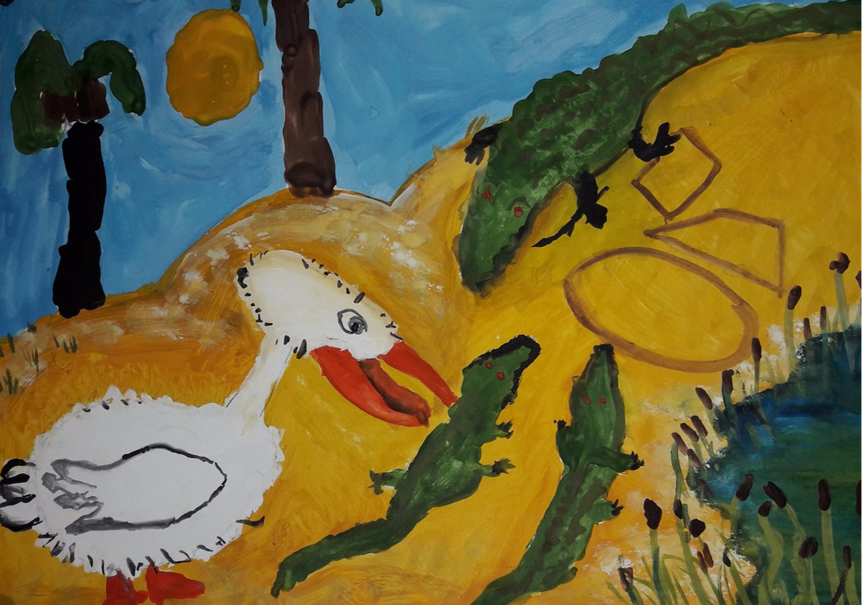 Детский рисунок - Пеликан и крокодилы
