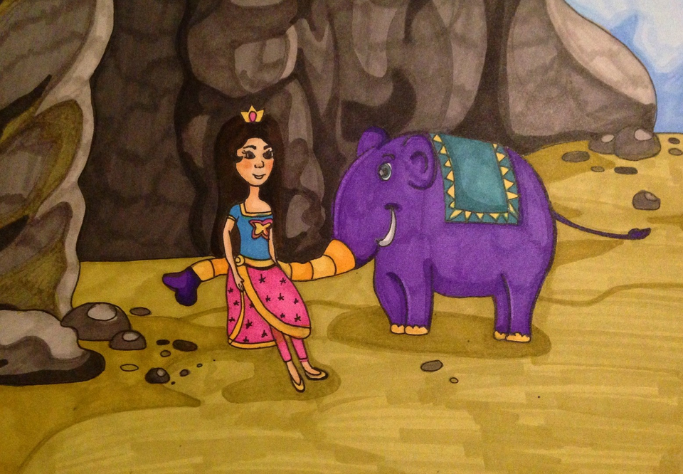 Детский рисунок - Волшебное приключение принцессы и верного слоника