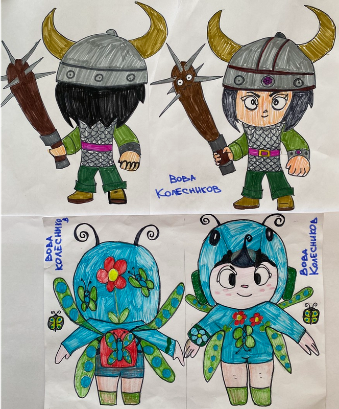 Детский рисунок - Биби-викинг и Биа-бабочка