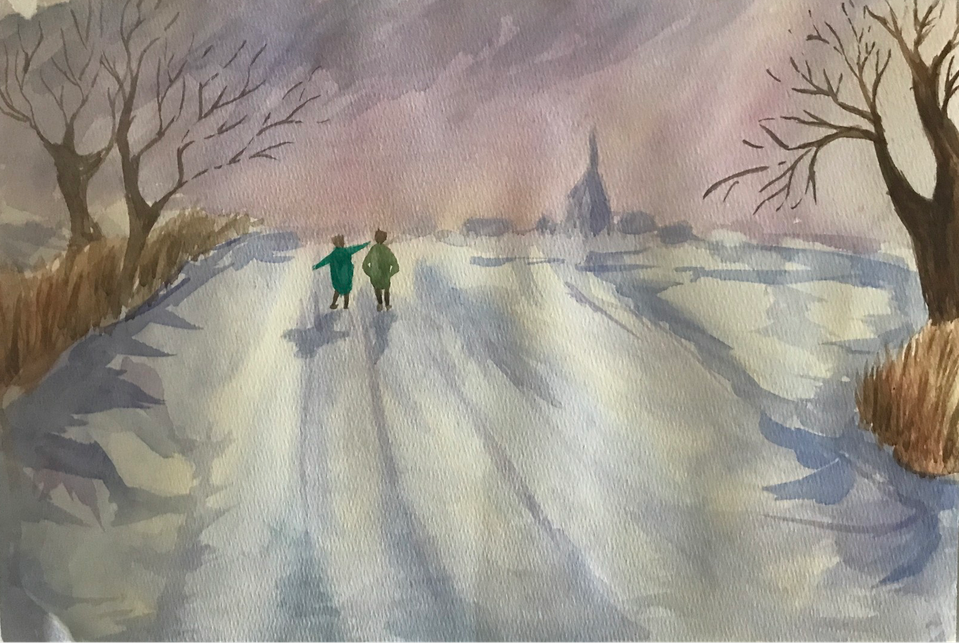 Детский рисунок - Прогулка зимой