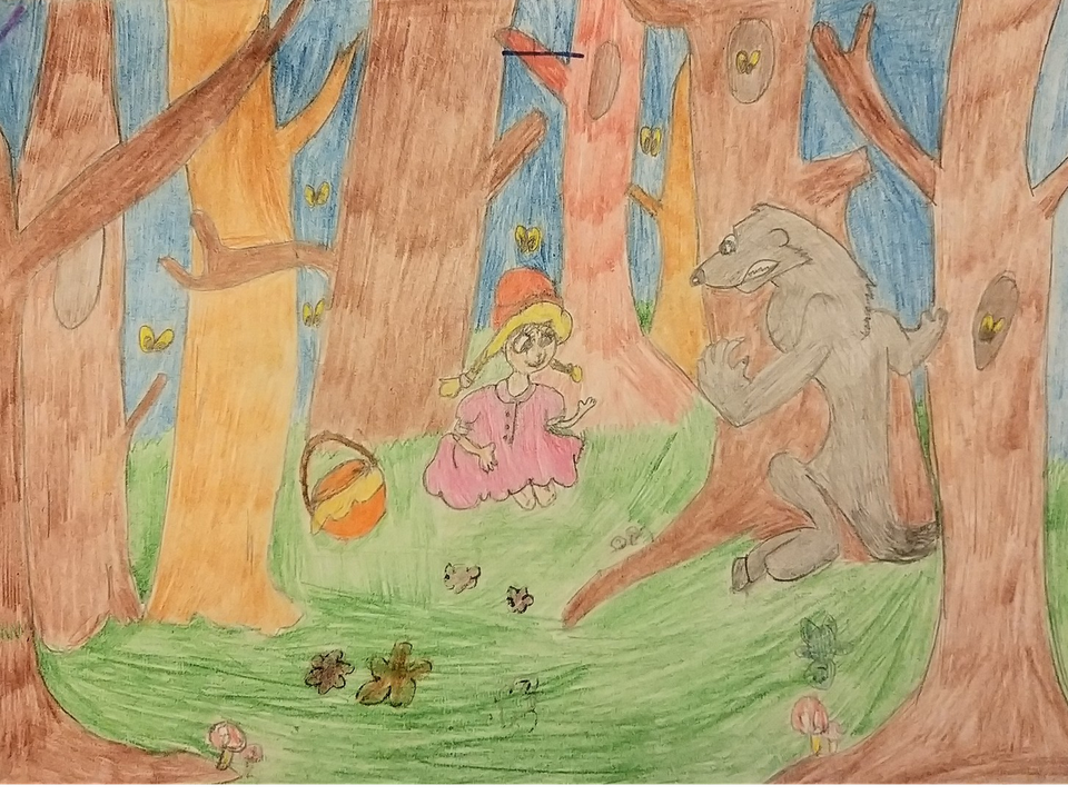 Детский рисунок - Красная шапочка и серый волк