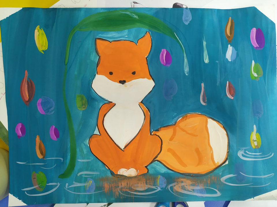 Детский рисунок - Мокрый лисёнок