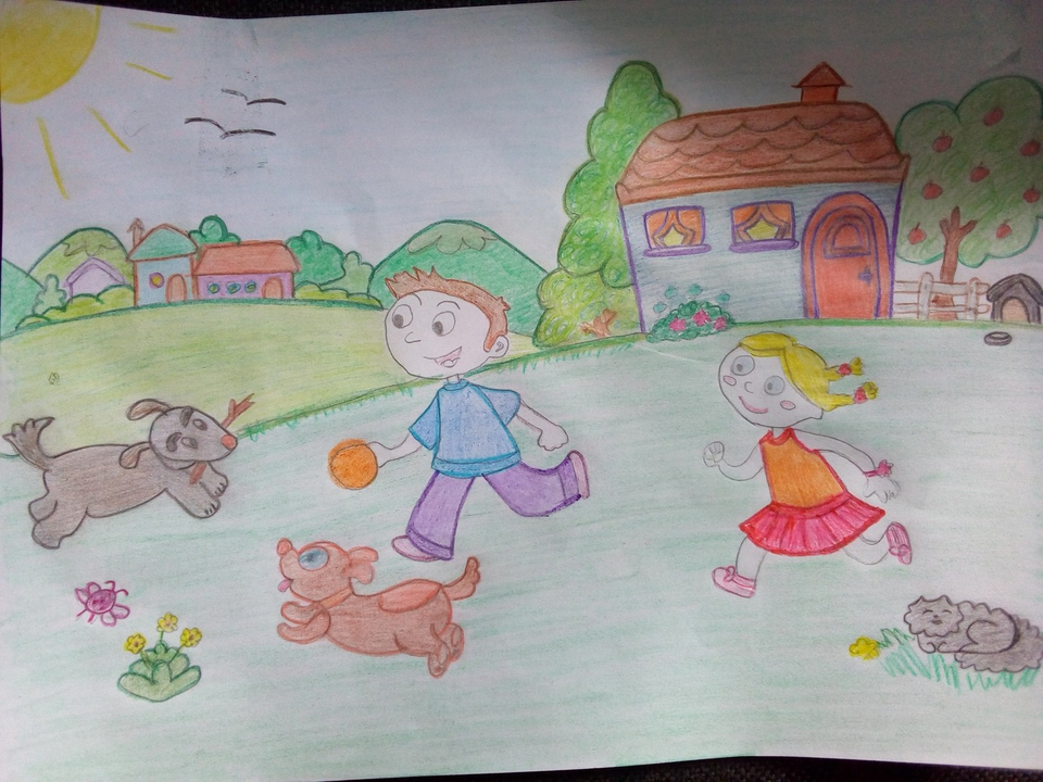 Детский рисунок - В деревне с друзьями