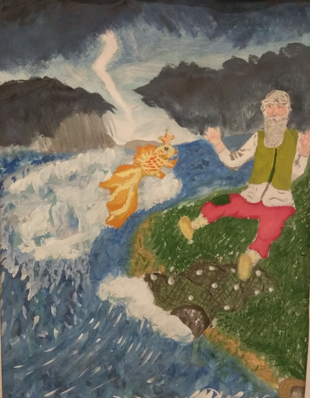 Детский рисунок - Старик и золотая рыбка