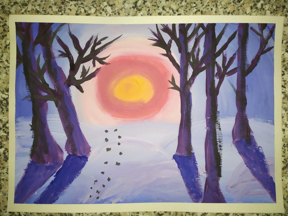 Детский рисунок - Утро в зимнем лесу