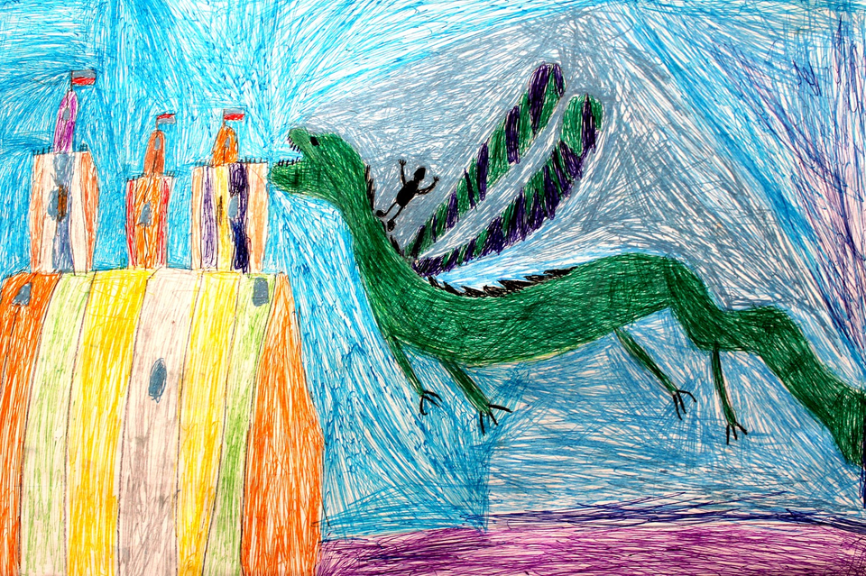 Детский рисунок - Полёт на драконе