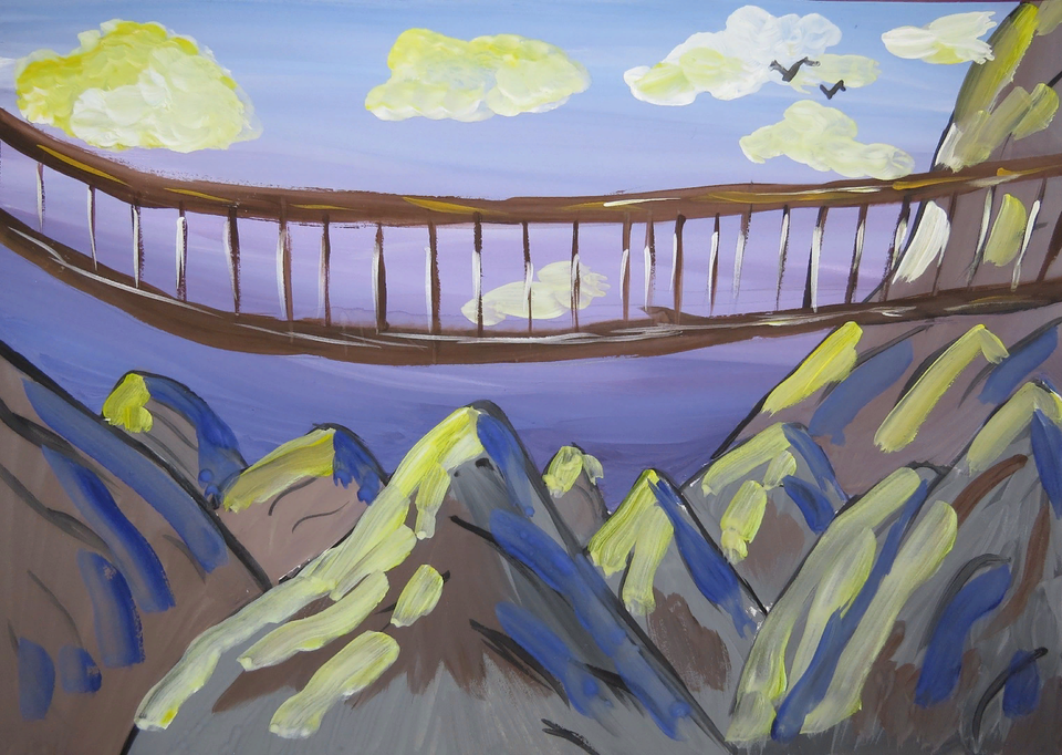 Детский рисунок - Мост в горах