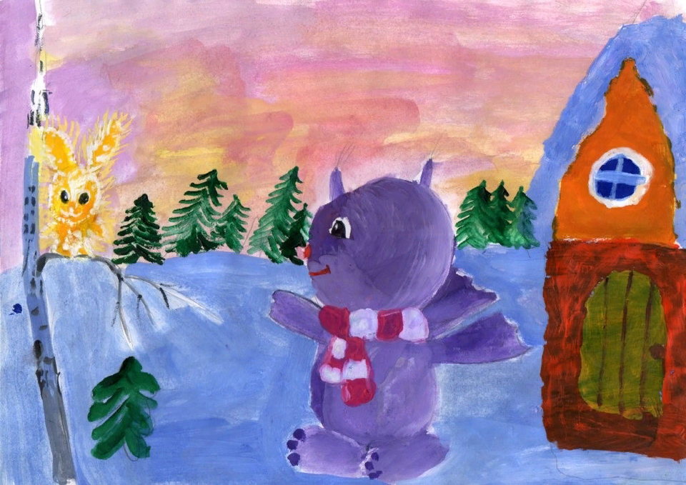 Детский рисунок - Бобоша разговаривает с Солнечным Зайчиком