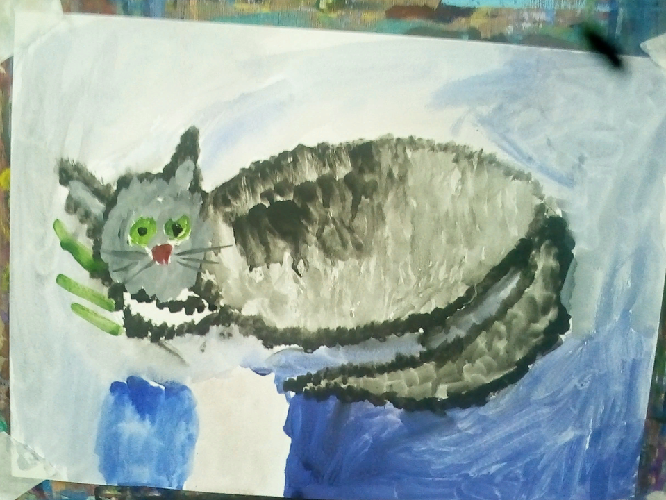 Детский рисунок - Кошка на окошке
