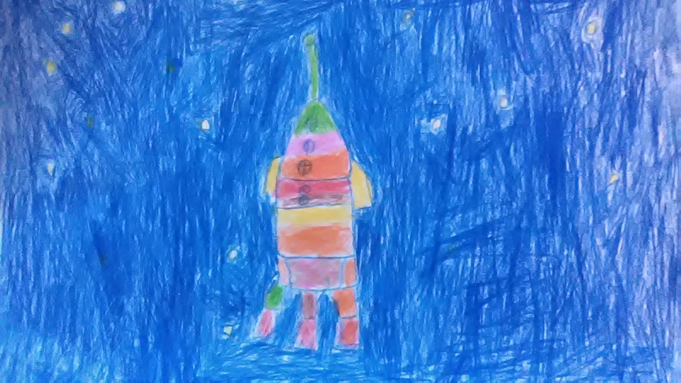 Детский рисунок - Ракета в космосе