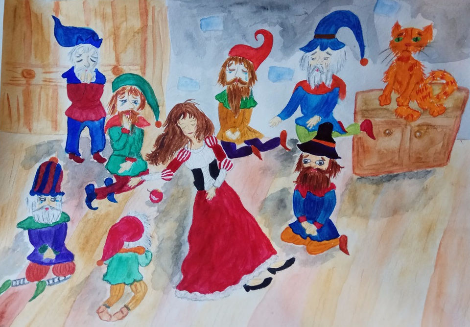 Детский рисунок - Белоснежка и семь гномов