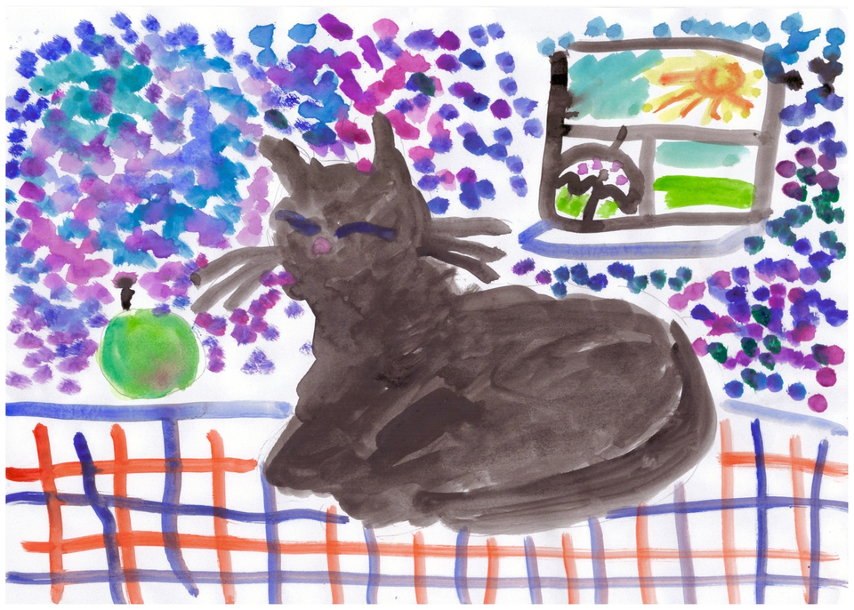 Детский рисунок - Кошка на скатерти