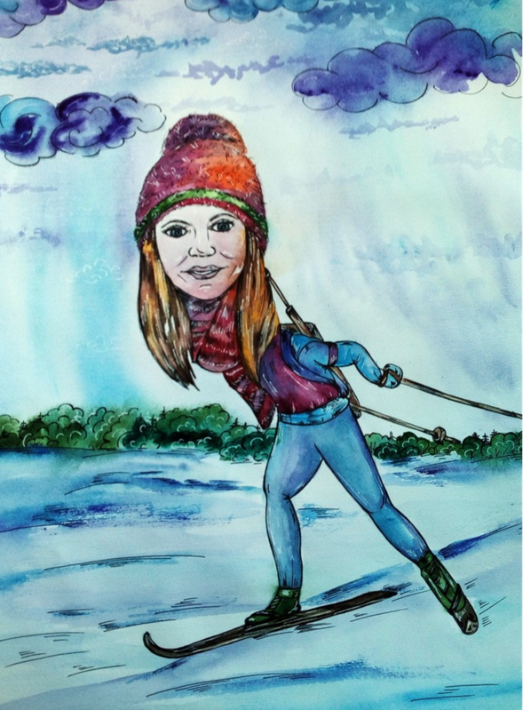 Детский рисунок - Моя тетушка на лыжах