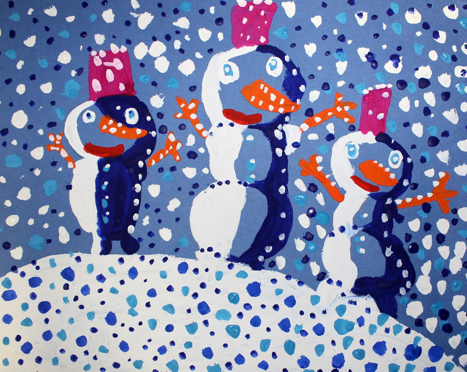 Детский рисунок - Друзья - снеговики