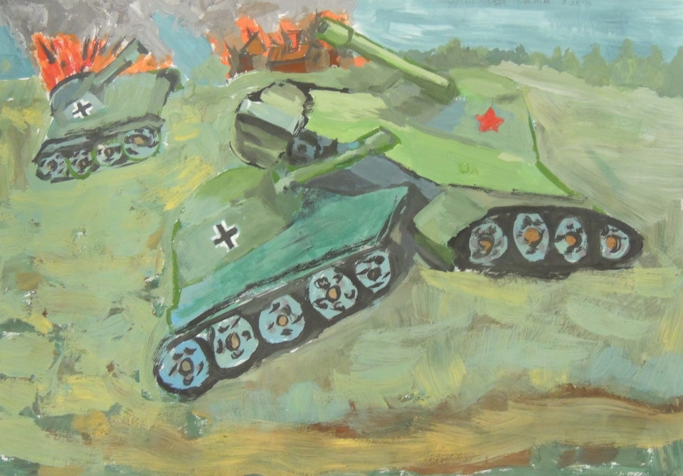 Детский рисунок - т-34 в бою