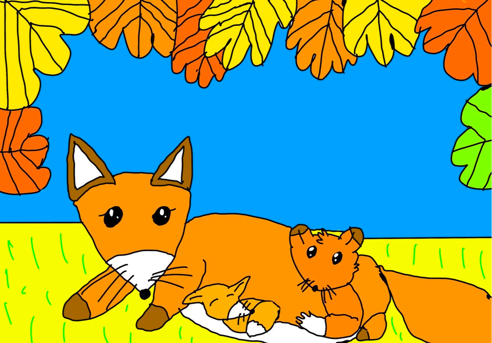 Детский рисунок - Мама лисичка и лисятами