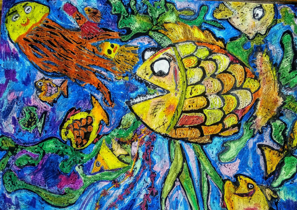 Детский рисунок - Рыбка хочет кушать
