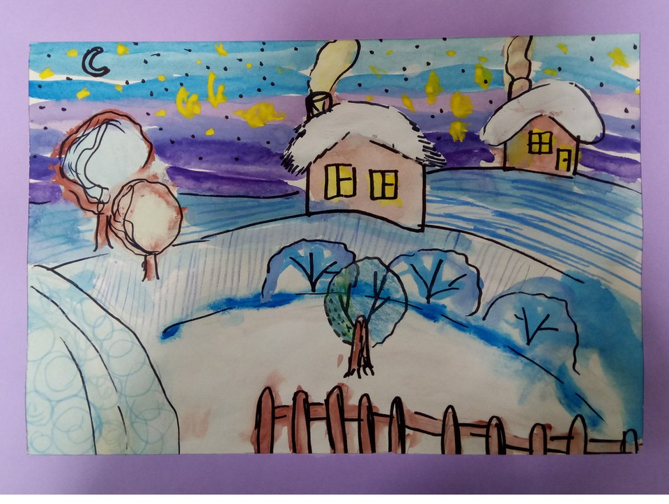 Детский рисунок - Зимний домик в деревне