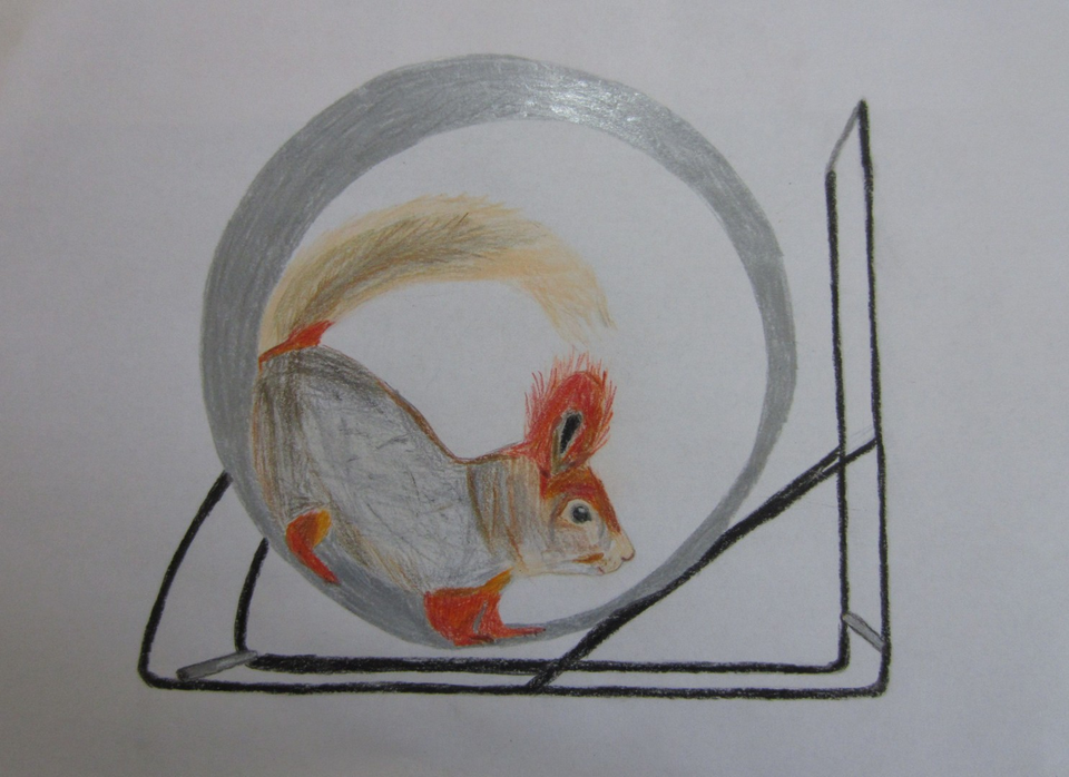 Детский рисунок - Белка в колесе