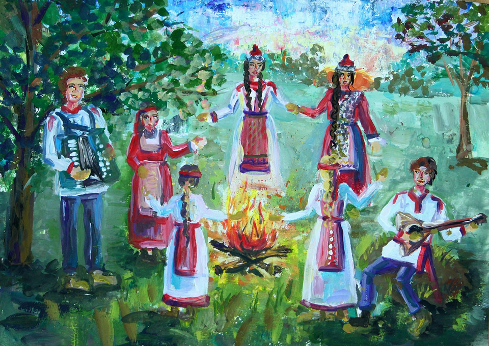 Детский рисунок - Вечер у костра в чувашской деревне