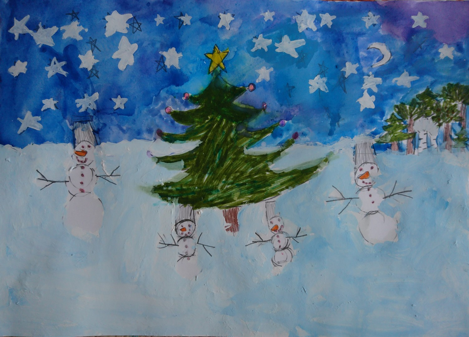 Детский рисунок - Семья снеговиков встречает новый год