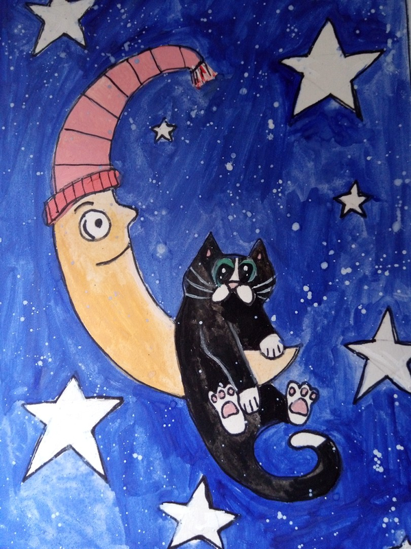 Детский рисунок - Котик на луне