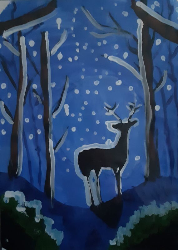 Детский рисунок - олень в поисках новогодней елки
