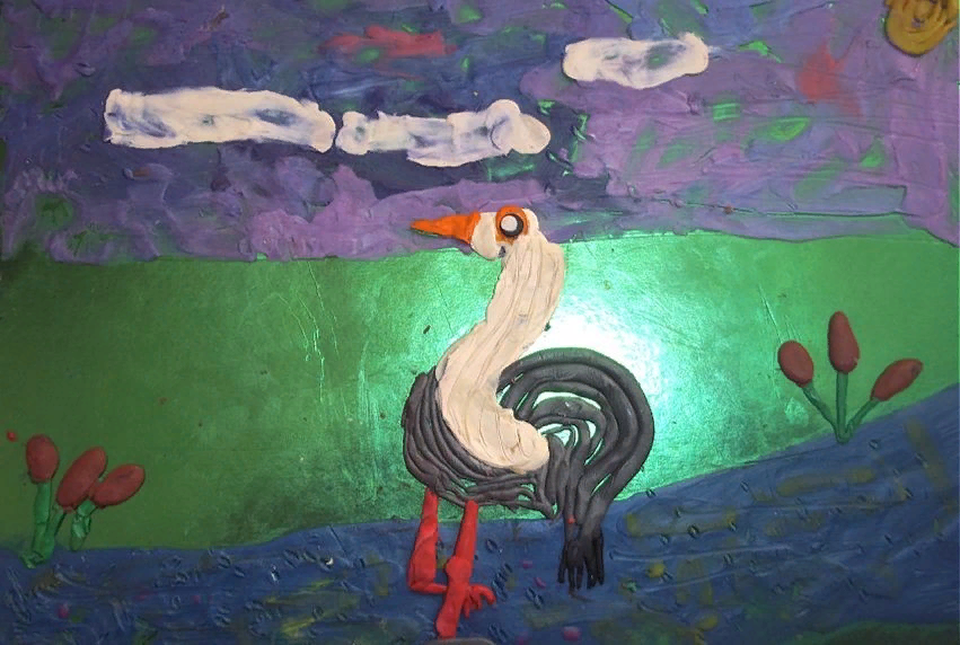 Детский рисунок - Цапля у болота