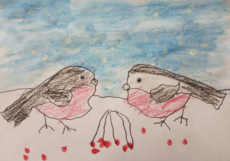 Детский рисунок - Снегирь - красивая птица зимы