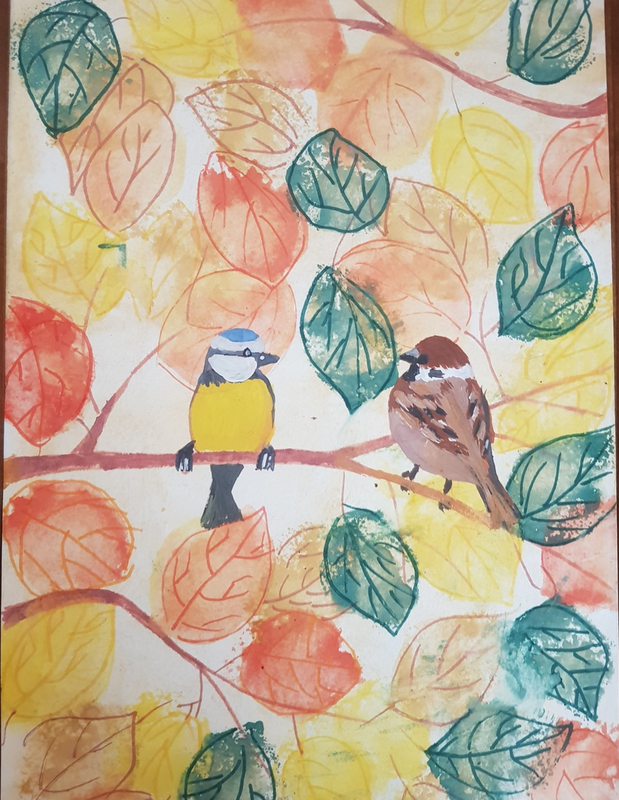 Детский рисунок - Воробей и синица