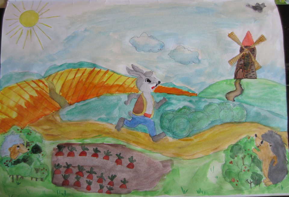 Детский рисунок - Иллюстрация к сказке Заяц и Ёж