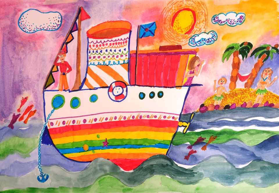 Детский рисунок - На пароходе в жаркие страны