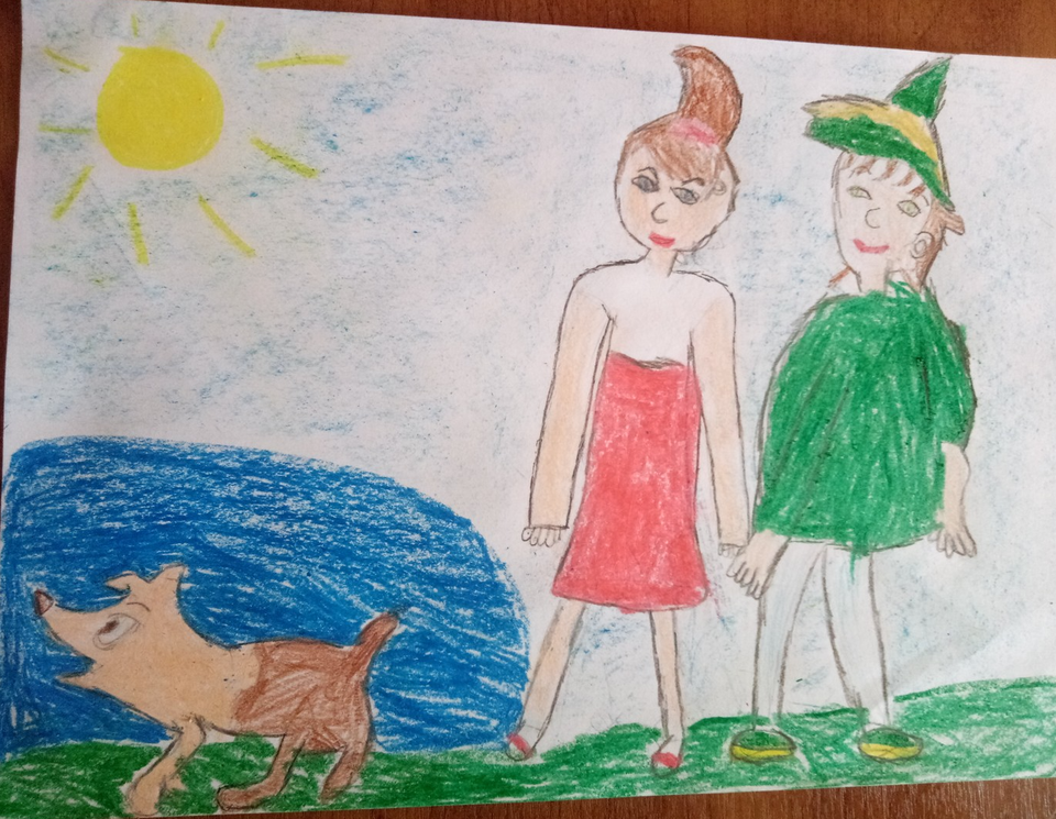 Детский рисунок - Друзья идут на пруд