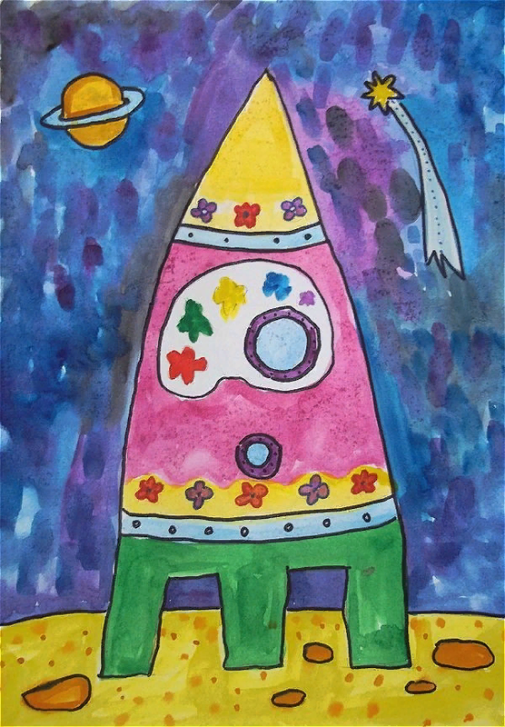 Детский рисунок - Приземление ракеты на Луну