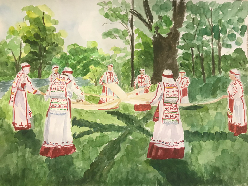 Детский рисунок - Чувашский старинный ритуальный танец  с полотенцами