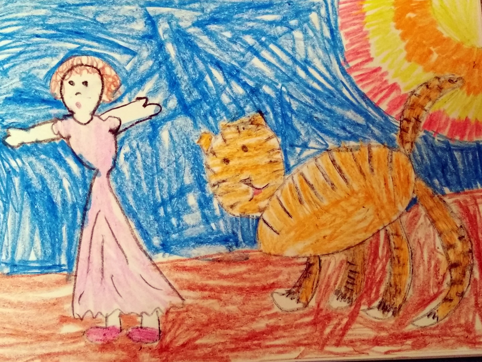 Детский рисунок - Принцесса убегает от тигра