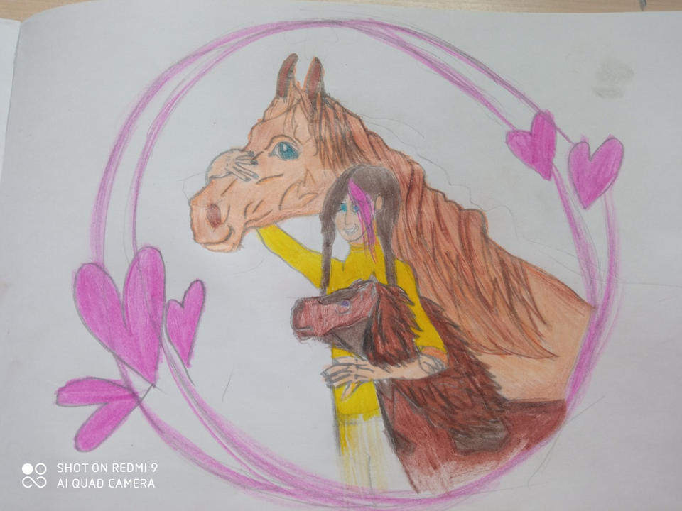 Детский рисунок - Я с лошадками