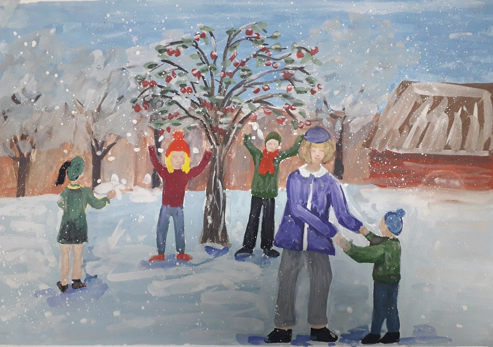 Детский рисунок - Зима в вишневом сквере