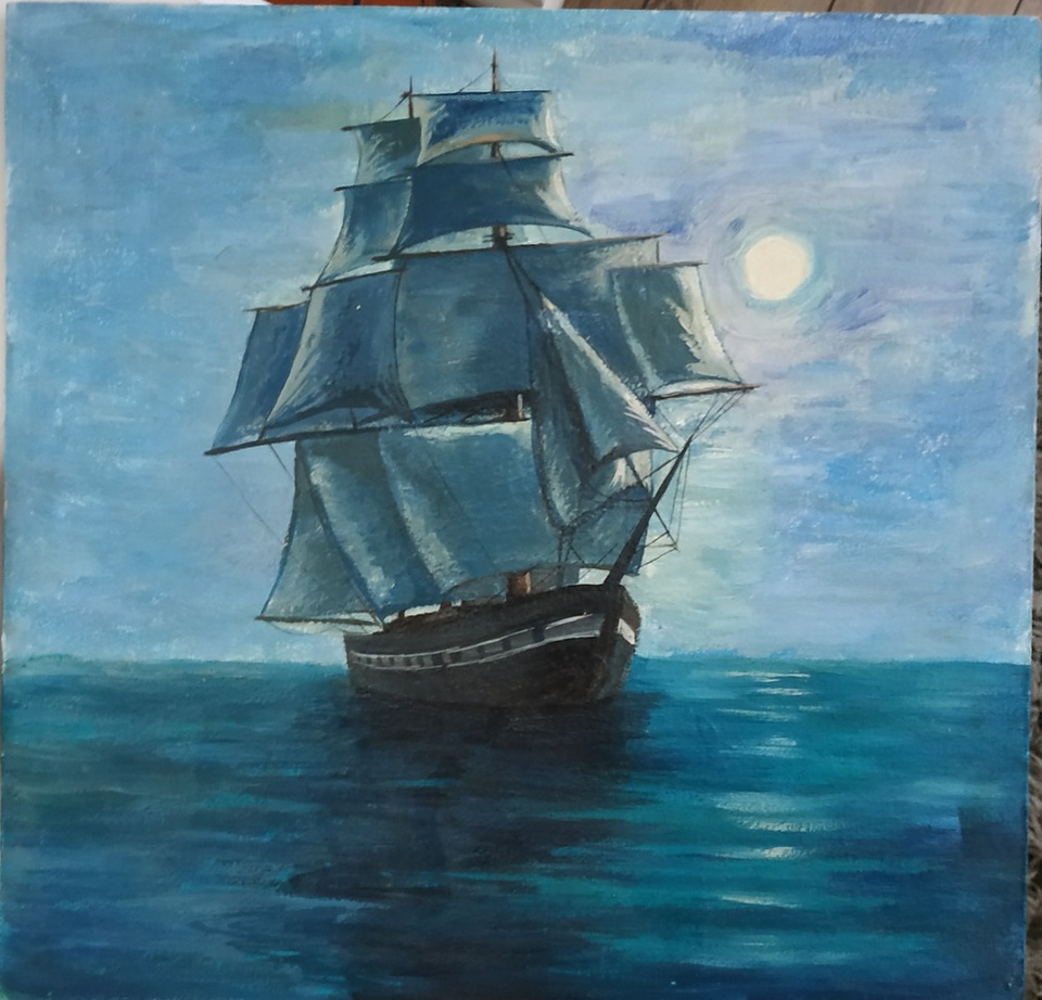Детский рисунок - Вечер на корабле