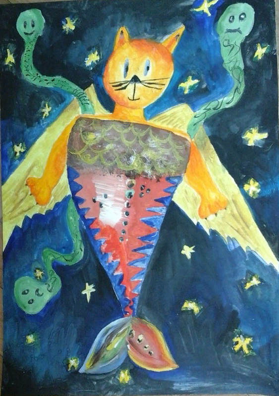 Детский рисунок - Рыбокот летун из космоса