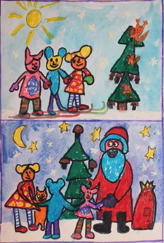 Детский рисунок - Приключения кукунтиков в зимнюю ночь