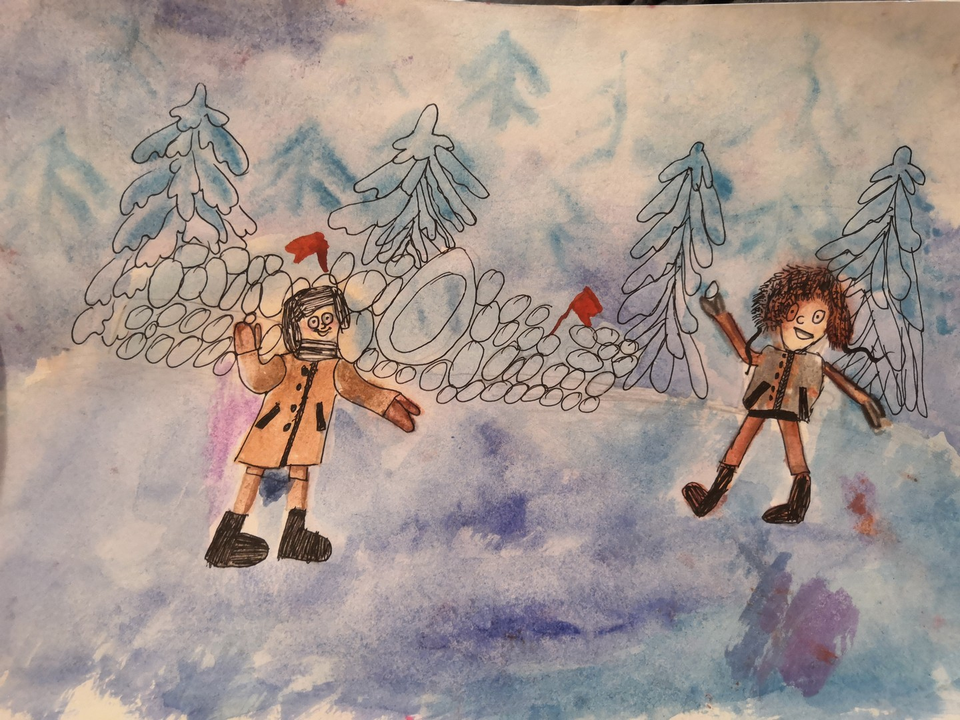 Детский рисунок - Бой снежками